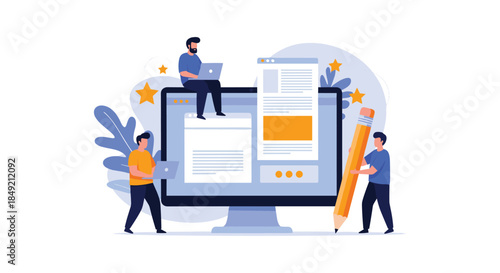 A team of tiny people work together on content creation and web design using laptops and a giant pencil around a large computer.