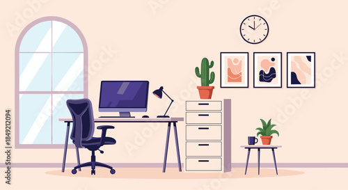 A comfortable and modern home office interior with a computer on the desk an ergonomic chair and stylish decor for remote working.