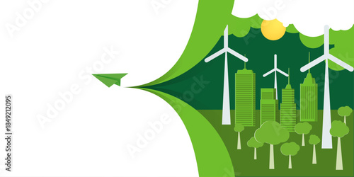 Green Paper Plane Flying Towards Sustainable Eco City. Creative Vision of Future Green Urban Development with Wind Turbines, Trees and Skyscrapers.