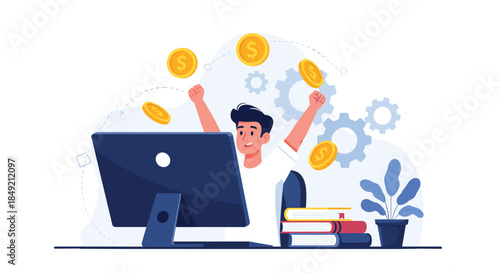 A happy man celebrates making money online as gold dollar coins fly out of his computer screen showing financial success from work.
