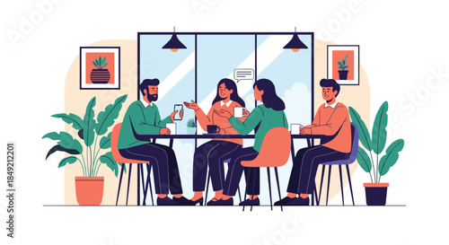 A diverse group of four friends enjoys a conversation over coffee at a cafe table interacting and socializing in their leisure time.