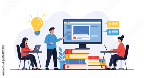 A male teacher instructs students in an online class or webinar pointing to a large screen while they learn on their laptops.