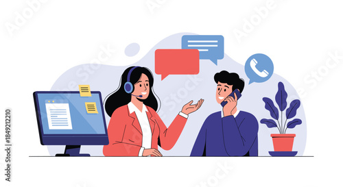 A female customer service representative with a headset helps a male customer on the phone providing support and assistance.