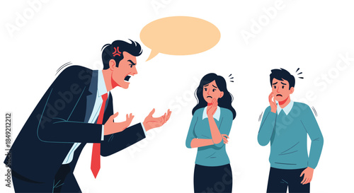 An angry boss is yelling and gesturing aggressively at two scared and worried employees in a toxic workplace environment.