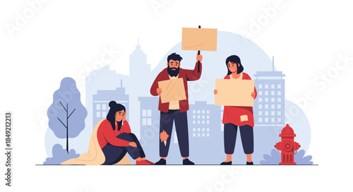 A group of sad homeless people stand on a city street holding blank signs asking for help illustrating poverty and social issues.