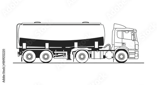 Detailed black and white drawing of a large tanker truck with a striking silhouette