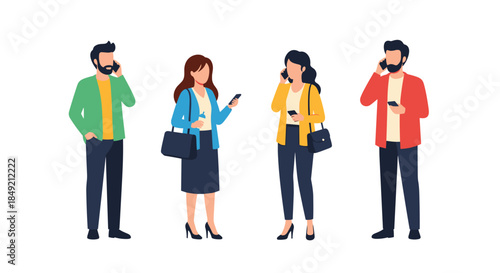 A collection of four business people two men and two women standing and communicating using their mobile smartphones.