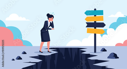 A confused businesswoman stands at the edge of a chasm looking at a signpost with blank arrows unable to make a decision.