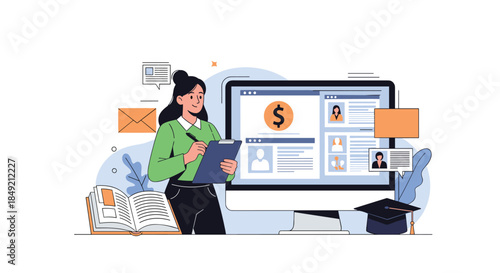 A female HR manager at her computer is reviewing online candidate profiles and financial information for a university recruitment.