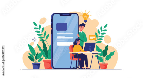 A female customer service agent at a computer gets help and ideas from a male colleague peeking from behind a large phone.