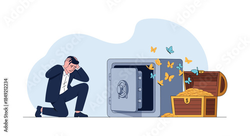 A desperate businessman kneels in despair in front of an empty safe and treasure chest with only butterflies flying out of them.