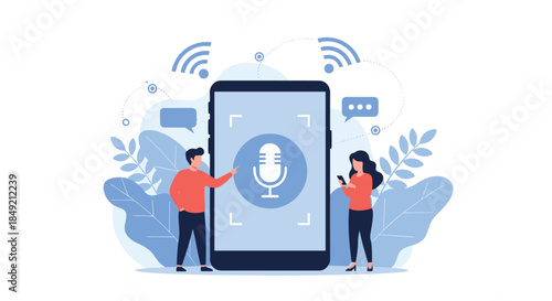 A man and woman use a large smartphone with a microphone icon for voice recognition control and search technology illustration.