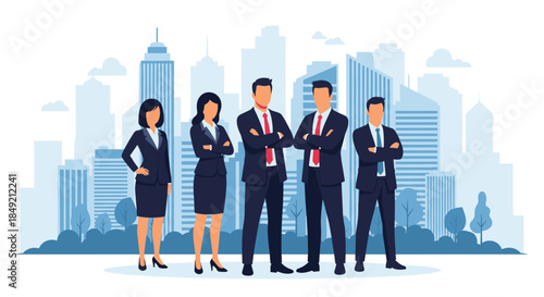 A confident business team of men and women in suits stands together with a modern city skyline in the background illustration.