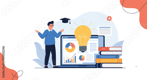 An e-learning concept with a student wearing a graduation cap presenting a bright idea on a laptop with charts and books nearby.
