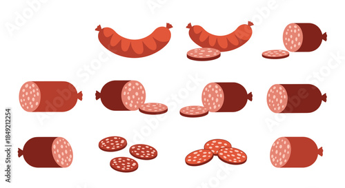 A set of various types of sausages and salami both whole and sliced illustrating different meat products for a delicatessen.