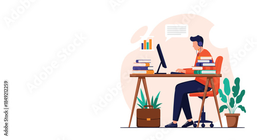 A young man with headphones is focused on his computer screen while studying or working remotely at a desk with many books.