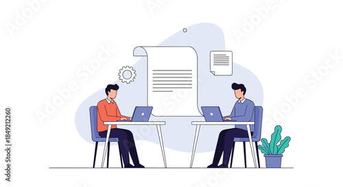 Two businessmen work on laptops at their desks collaborating on a large digital document or contract in a modern office space.