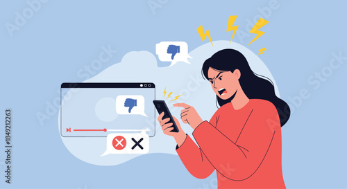 An angry woman shouts at her smartphone while viewing negative comments and dislike icons on a social media video post online.