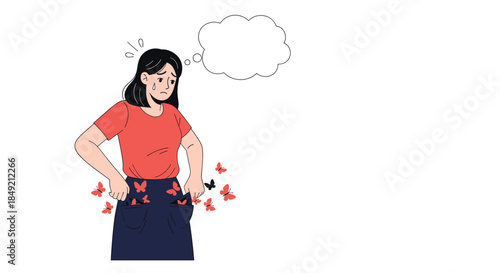 A sad crying woman has empty pockets with only butterflies flying out representing being broke with no money and a blank thought.