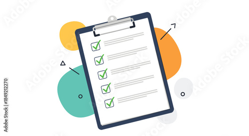 A clipboard with a checklist of completed tasks all marked with green check marks against a colorful abstract background.