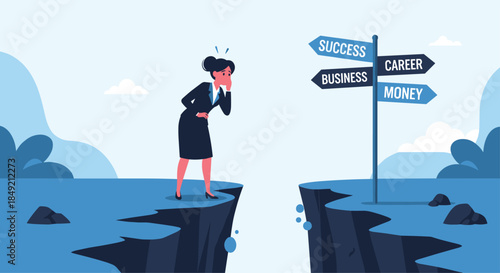 A confused businesswoman stands on a cliff edge before a chasm looking at a signpost with career success and money choices.
