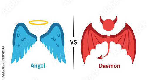 Angel versus daemon concept with blue angelic wings and a halo opposing red demonic wings a tail and horns on white background.