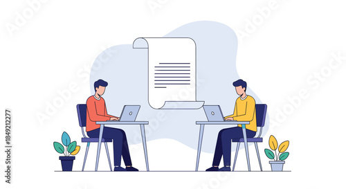 Two men work on laptops at desks collaborating online on a large digital document that is floating between them in an office.