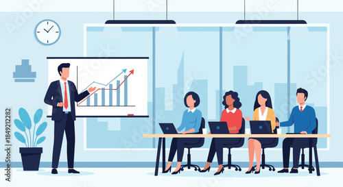 A businessman in a suit gives a presentation to his colleagues in a modern office pointing to a rising bar chart on a screen.