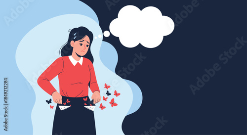 A sad and worried woman with a thought bubble shows her empty pockets with butterflies flying out symbolizing being broke.