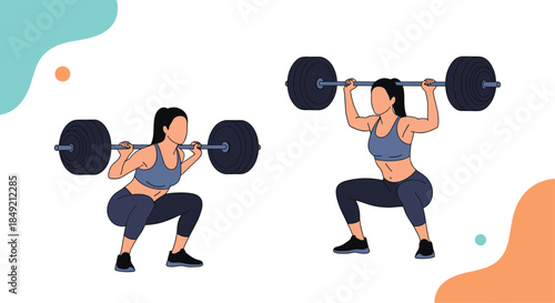 An athletic woman is shown in two positions performing a barbell squat and an overhead press for strength training and fitness.