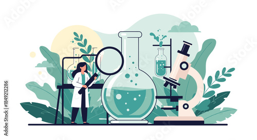 A female scientist in a lab coat does research with a magnifying glass next to a microscope and chemical flasks in a lab.