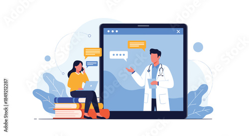 A woman has an online medical consultation with a male doctor on a large tablet screen for telehealth and remote healthcare.