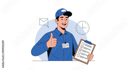A happy delivery man in a blue uniform gives a thumbs up while holding a clipboard confirming a successful and on-time delivery.