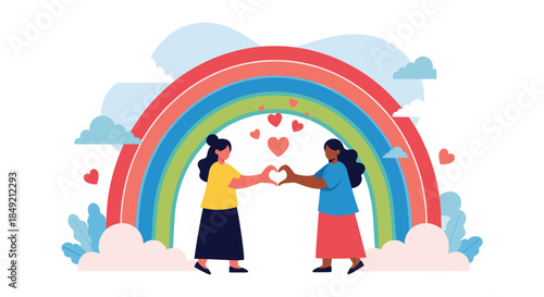 Two diverse women stand under a large rainbow making a heart shape with their hands to celebrate pride love and equality.