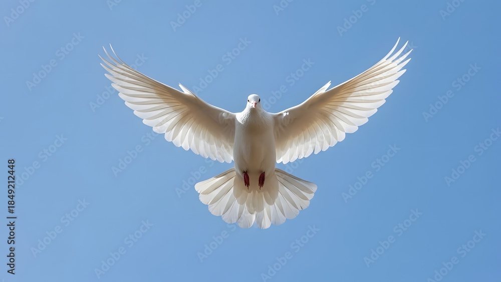 Obraz premium Soaring Serenity: A pristine white dove gracefully glides through the clear blue sky, its wings outstretched in a symbol of peace, hope, and freedom.