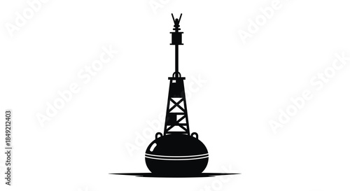 A striking black silhouette of a navigational buoy with a distinctive tower structure silhouette