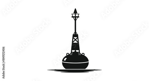 a striking black buoy with a lantern top stands prominently against a white background silhouette