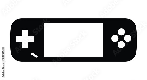 A sleek black handheld gaming console with directional buttons and controls a distinctive silhouette