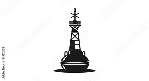 A striking black and white illustration of a distinctive lighthouse structure a bold silhouette