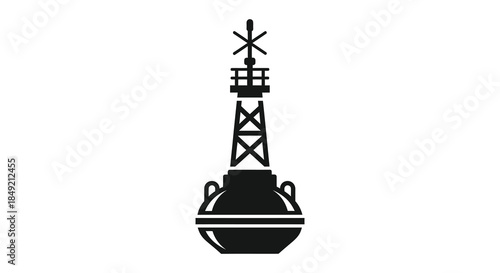 a striking black and white image depicting a tall ornate navigational buoy silhouette