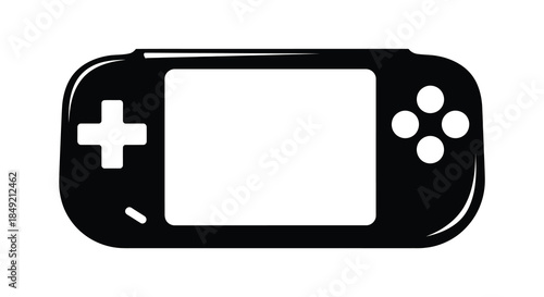 A sleek black handheld gaming console is prominently displayed showcasing a minimalist silhouette