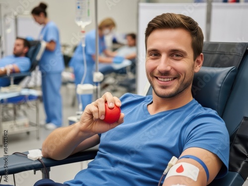 Smiling man donating blood, holding red stress ball in a clinic setting
