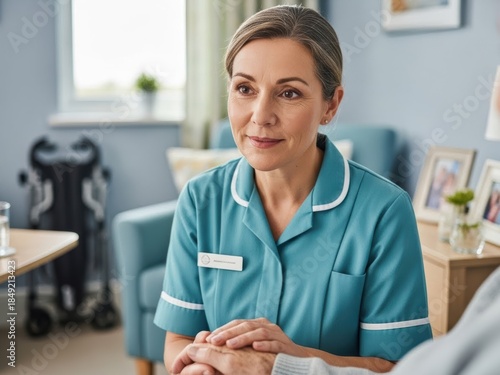 Caring nurse in teal uniform holding an elderly patient's hands with empathy