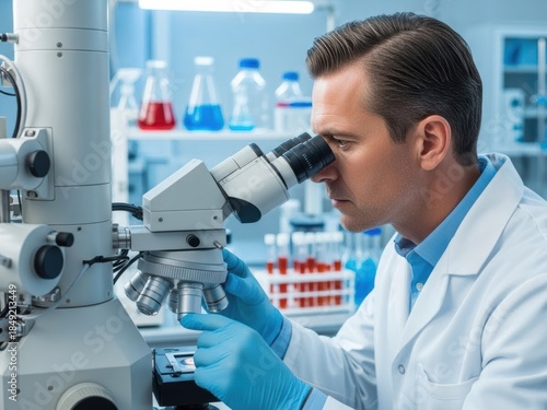 Scientist in lab coat using a microscope for research and discovery in a modern laboratory setting