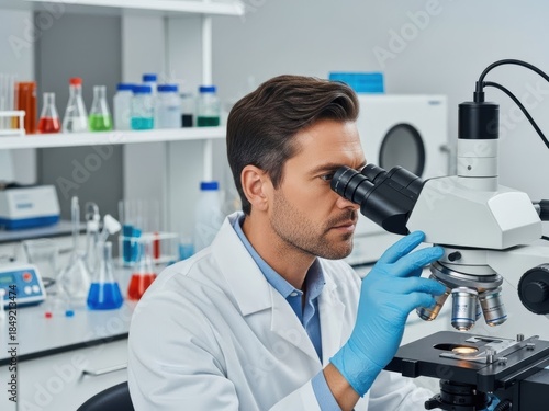 Scientist in blue gloves examines sample under a microscope in a modern laboratory