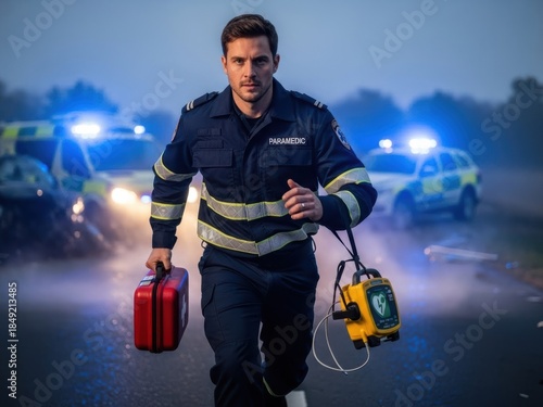 Paramedic rushes to emergency with medical kit and defibrillator at accident scene