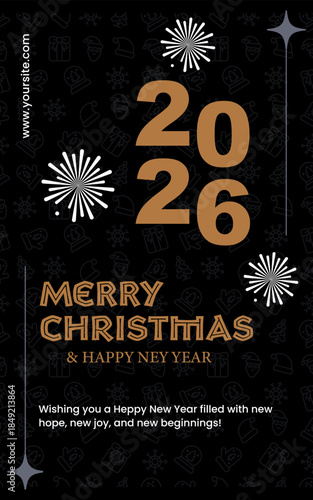 Merry Christmas and Happy New Year Vertical Banner 2026 Gold Typography Firework on Black Background.Vector Template