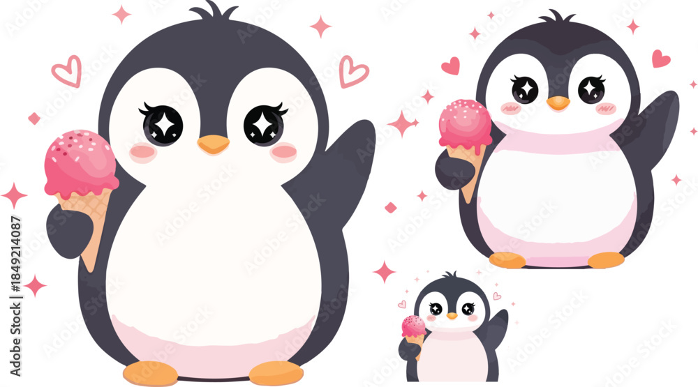 Fototapeta premium Adorable cartoon penguins enjoying sweet pink ice cream cones with sparkling cute kawaii style on transparent background