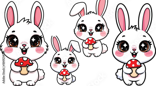 Adorable group of four kawaii white baby bunnies holding red and white spotted mushrooms on transparent background
