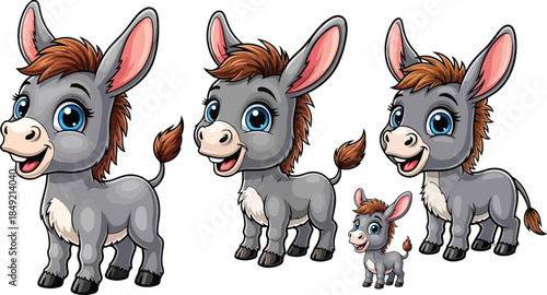 Cute cartoon donkey family set showing different sizes of adorable farm animals on black on transparent background